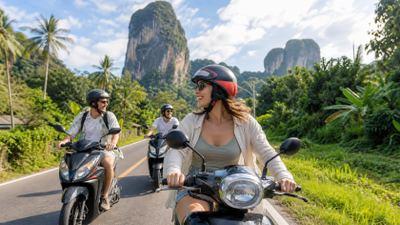 international visitors riding motorbikes through Krabi