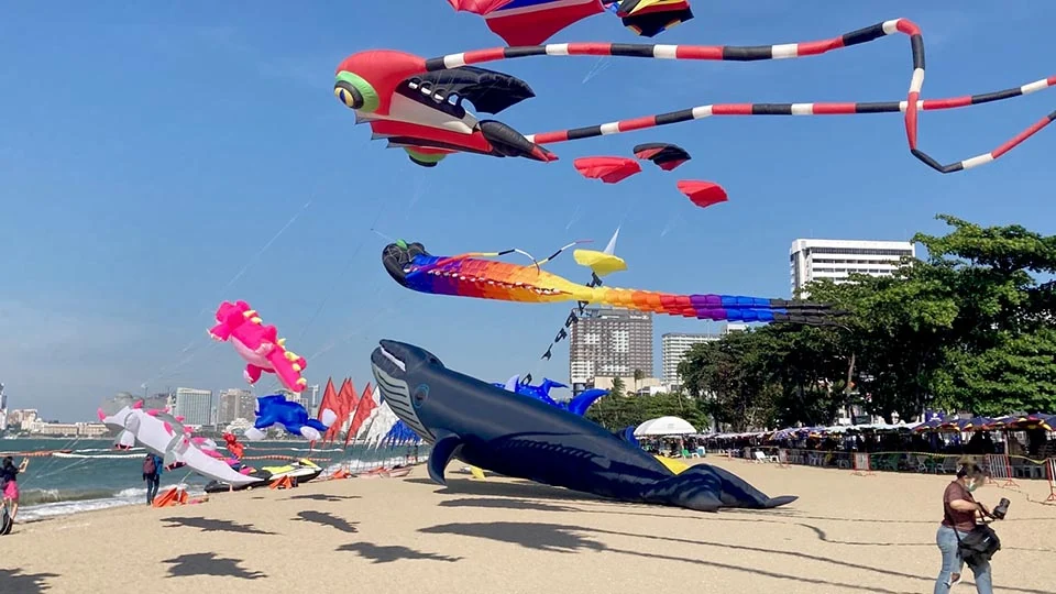 Pattaya Kite Festival - colourful kites flying high on the beach